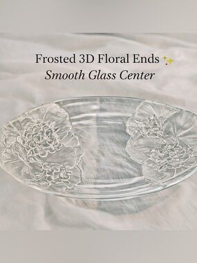 Vintage Frosted Glass Floral Oval Bowl | 3D Relief Hydrangea Design